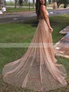 A-line V-neck Glitter Sweep Train Prom Dresses #UKM020108603