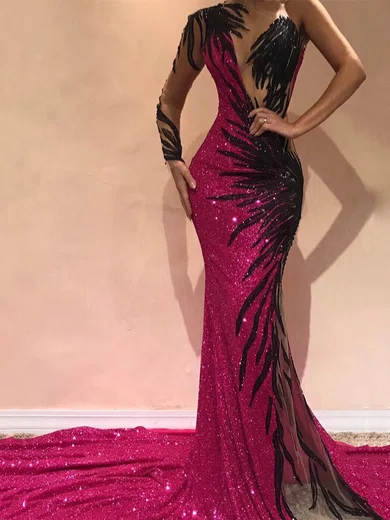 Mermaid One Shoulder Sparkly Sequin Tulle Prom Dresses With Beading #UKM020108604