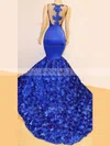 Trumpet/Mermaid Scoop Neck Satin Sweep Train Lace Prom Dresses #UKM020108610