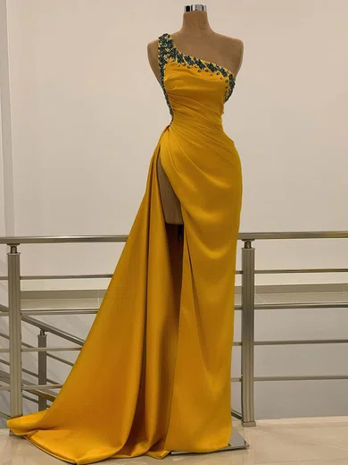 Sheath/Column One Shoulder Backless Satin Prom Dresses With Beading #UKM020108615