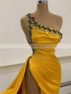 Sheath/Column One Shoulder Silk-like Satin Sweep Train Beading Prom Dresses #UKM020108615