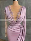 Trumpet/Mermaid V-neck Silk-like Satin Sweep Train Appliques Lace Prom Dresses #UKM020108618