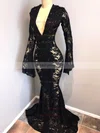 Trumpet/Mermaid V-neck Lace Sweep Train Appliques Lace Prom Dresses #UKM020108627