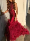 Trumpet/Mermaid Scoop Neck Tulle Sweep Train Appliques Lace Prom Dresses #UKM020108637