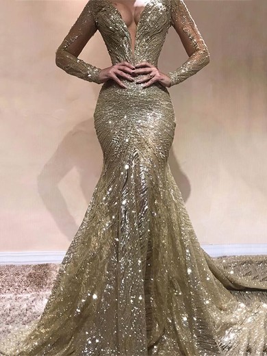 Mermaid V-neck Long Sleeves Sparkly Sequin Prom Dresses #UKM020108642