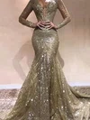 Trumpet/Mermaid Sweep Train V-neck Glitter Long Sleeves Prom Dresses #UKM020108642