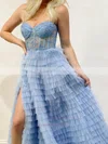 A-line Sweetheart Tulle Sweep Train Appliques Lace Prom Dresses #UKM020108650
