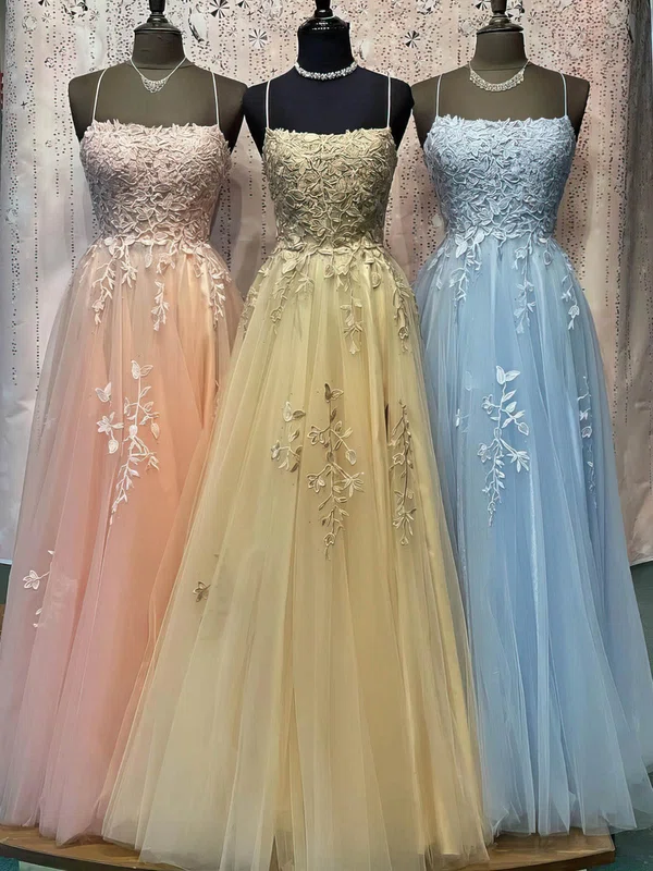 A-line Square Neckline Tulle Lace Sweep Train Appliques Lace Prom Dresses #UKM020108651