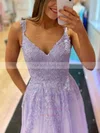 A-line V-neck Tulle Lace Sweep Train Pockets Prom Dresses #UKM020108652