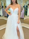 A-line V-neck Lace Chiffon Tulle Sweep Train Appliques Lace Prom Dresses #UKM020108655