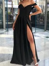 A-line Off-the-shoulder Silk-like Satin Sweep Train Split Front Prom Dresses #UKM020108657