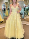 A-line V-neck Lace Tulle Sweep Train Appliques Lace Prom Dresses #UKM020108660