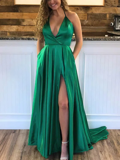 A-line Sweep Train Halter Silk-like Satin Pockets Prom Dresses #UKM020108661