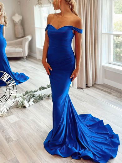 Trumpet/Mermaid Off-the-shoulder Silk-like Satin Sweep Train Ruffles Prom Dresses #UKM020108662