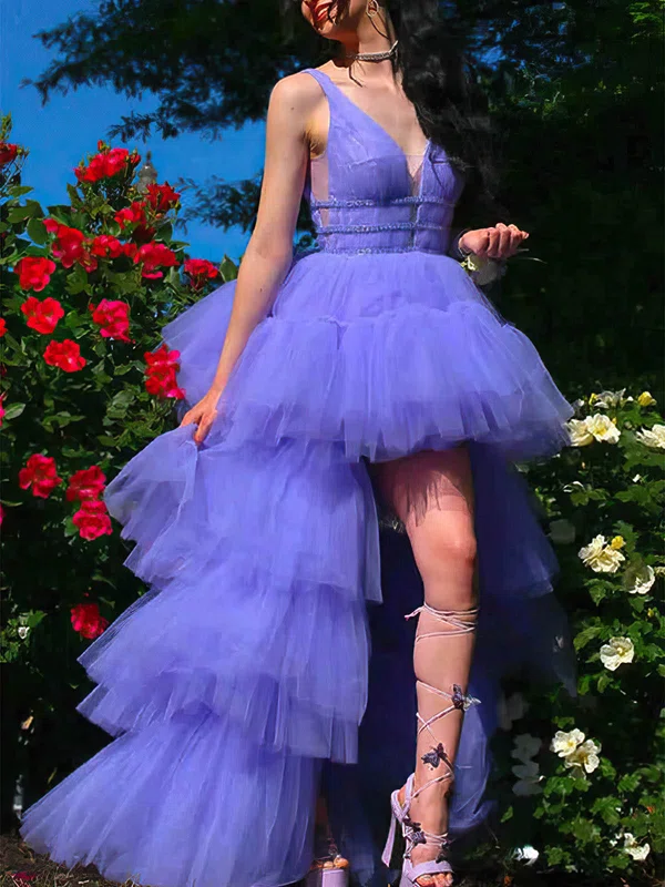 A-line V-neck Tulle Asymmetrical Tiered Prom Dresses #UKM020108663