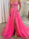 A-line Off-the-shoulder Tulle Lace Sweep Train Split Front Prom Dresses #UKM020108666