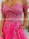 A-line Off-the-shoulder Tulle Lace Sweep Train Split Front Prom Dresses #UKM020108666