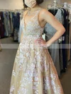 A-line V-neck Lace Tulle Sweep Train Appliques Lace Prom Dresses #UKM020108667
