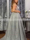 A-line V-neck Glitter Sweep Train Prom Dresses #UKM020108668