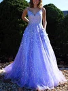A-line V-neck Lace Sweep Train Pockets Prom Dresses #UKM020108669