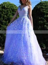 A-line V-neck Lace Sweep Train Pockets Prom Dresses #UKM020108669