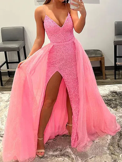 Ball Gown V-neck Sparkly Sequin Tulle Backless Prom Dresses #UKM020108672