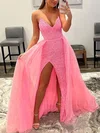 Ball Gown/Princess Floor-length V-neck Tulle Sequined Split Front Prom Dresses #UKM020108672
