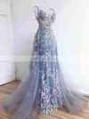Sheath/Column V-neck Lace Tulle Sweep Train Appliques Lace Prom Dresses #UKM020108673