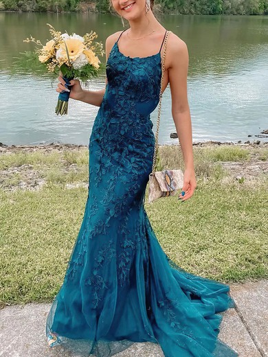 Trumpet/Mermaid Sweep Train Scoop Neck Tulle Lace Appliques Lace Prom Dresses #UKM020108677