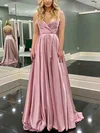 A-line V-neck Silk-like Satin Sweep Train Ruffles Prom Dresses #UKM020108683