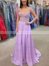 A-line V-neck Tulle Sweep Train Appliques Lace Prom Dresses #UKM020108688