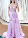 A-line V-neck Tulle Sweep Train Appliques Lace Prom Dresses #UKM020108688