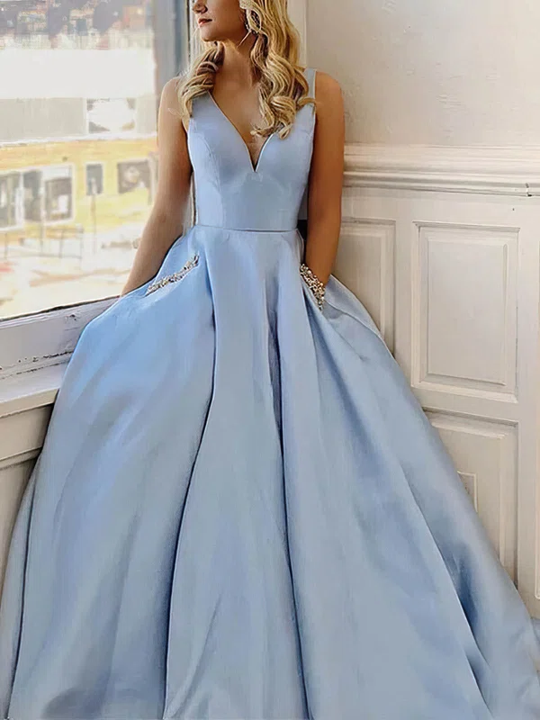 Ball Gown/Princess/Princess V-neck Satin Sweep Train Pockets Prom Dresses #UKM020108689