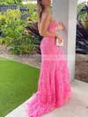 Trumpet/Mermaid Strapless Lace Tulle Sweep Train Appliques Lace Prom Dresses #UKM020108692