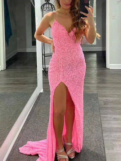 Sheath/Column V-neck Sequined Sweep Train Split Front Prom Dresses #UKM020108696