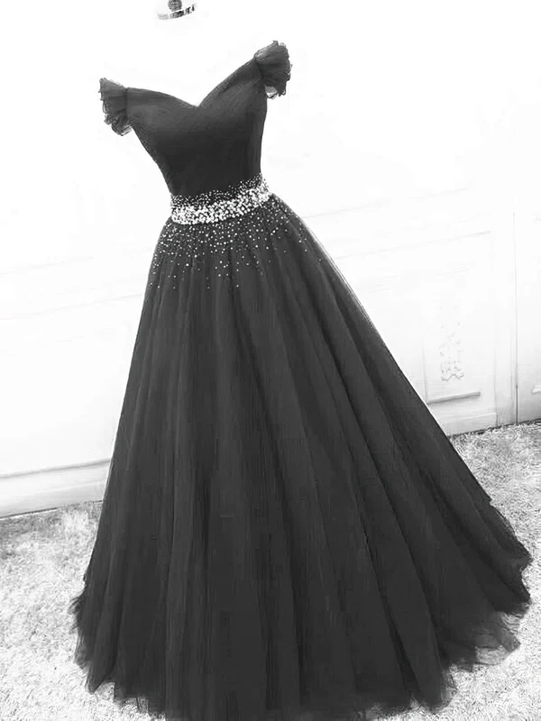 Ball Gown Off-the-shoulder Tulle Prom Dresses With Beading #UKM020108702