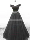 A-line Off-the-shoulder Tulle Sweep Train Beading Prom Dresses #UKM020108702