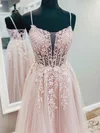 A-line Square Neckline Tulle Lace Sweep Train Appliques Lace Prom Dresses #UKM020108704