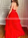 A-line V-neck Tulle Sweep Train Tiered Prom Dresses #UKM020108709