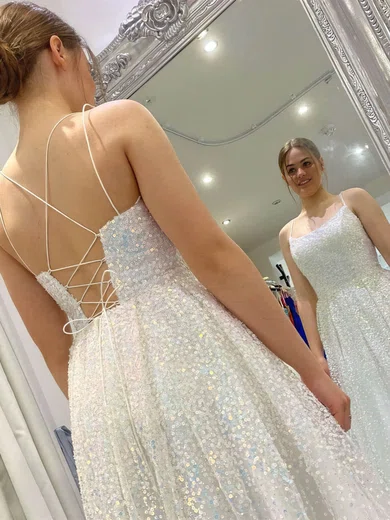 A-line Square Neckline Sequined Sweep Train Split Front Prom Dresses #UKM020108710
