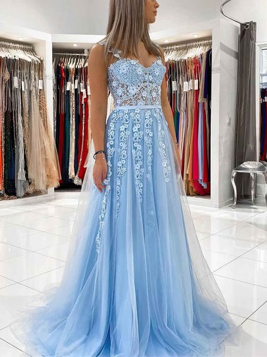 A-line V-neck Lace Tulle Sweep Train Appliques Lace Prom Dresses #UKM020108711