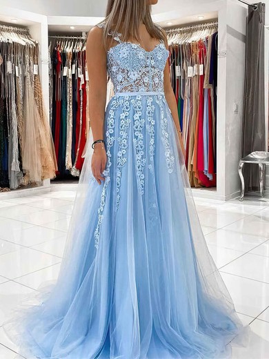 Ball Gown/Princess Sweep Train Sweetheart Lace Tulle Appliques Lace Prom Dresses #UKM020108711