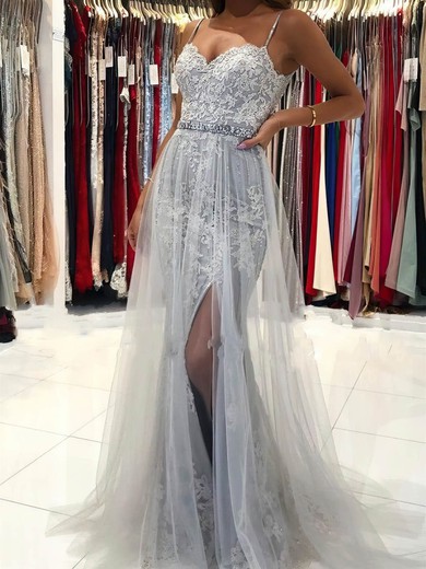 A-line Sweetheart Lace Tulle Sweep Train Beading Prom Dresses #SALEUKM020108714
