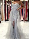 A-line Sweep Train Sweetheart Lace Tulle Beading Prom Dresses #UKM020108714