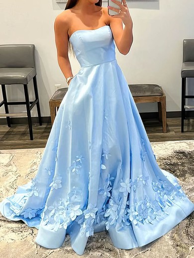 Ball Gown/Princess Sweep Train Straight Satin Flower(s) Prom Dresses #UKM020108716