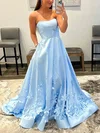 Ball Gown/Princess Sweep Train Straight Satin Flower(s) Prom Dresses #UKM020108716