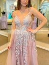 A-line V-neck Lace Tulle Sweep Train Appliques Lace Prom Dresses #UKM020108718