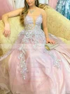 A-line V-neck Lace Tulle Sweep Train Appliques Lace Prom Dresses #UKM020108718