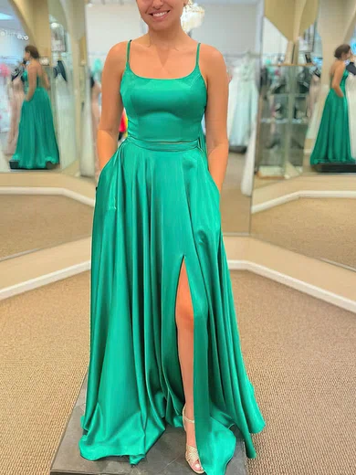 A-line Square Neck Satin Prom Dresses With Split #UKM020108719