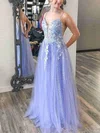 A-line V-neck Tulle Sweep Train Appliques Lace Prom Dresses #UKM020108723